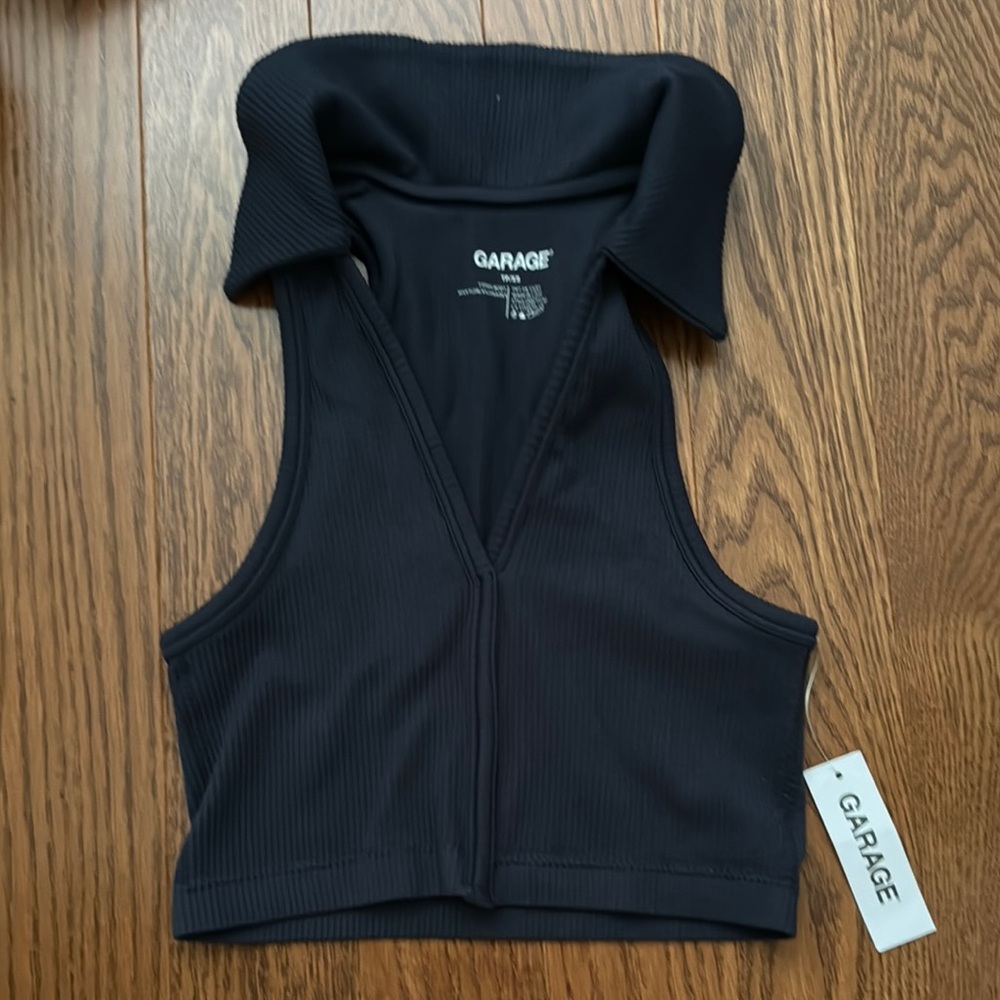 Garage Black Ribbed Sleeveless Polo Crop Top